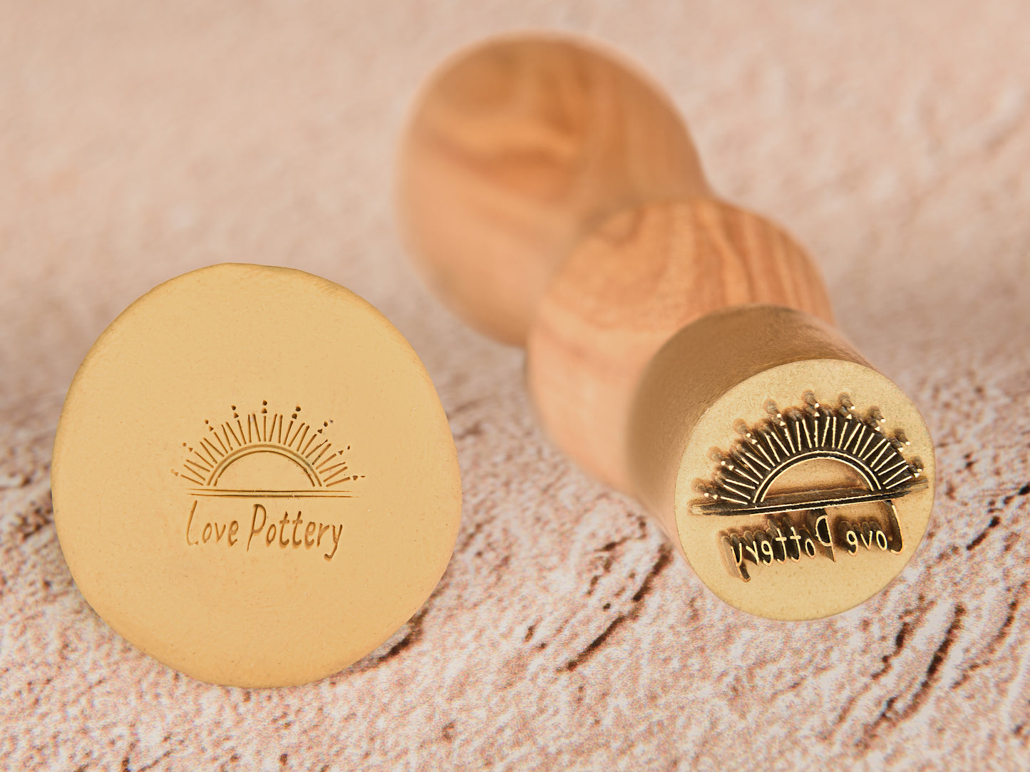 Personalized pottery stamps for imprinting one-of-a-kind designs onto a wide range of soft surfaces (ceramics, clay, candles, soap, and more).