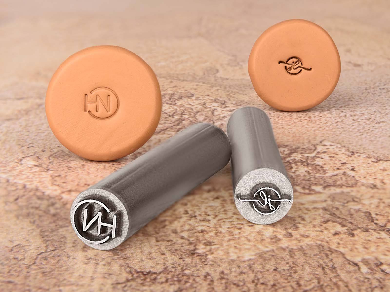 custom pottery stamps can be used on clay, ceramic, soap, wax, resin, and more, before the firing process.